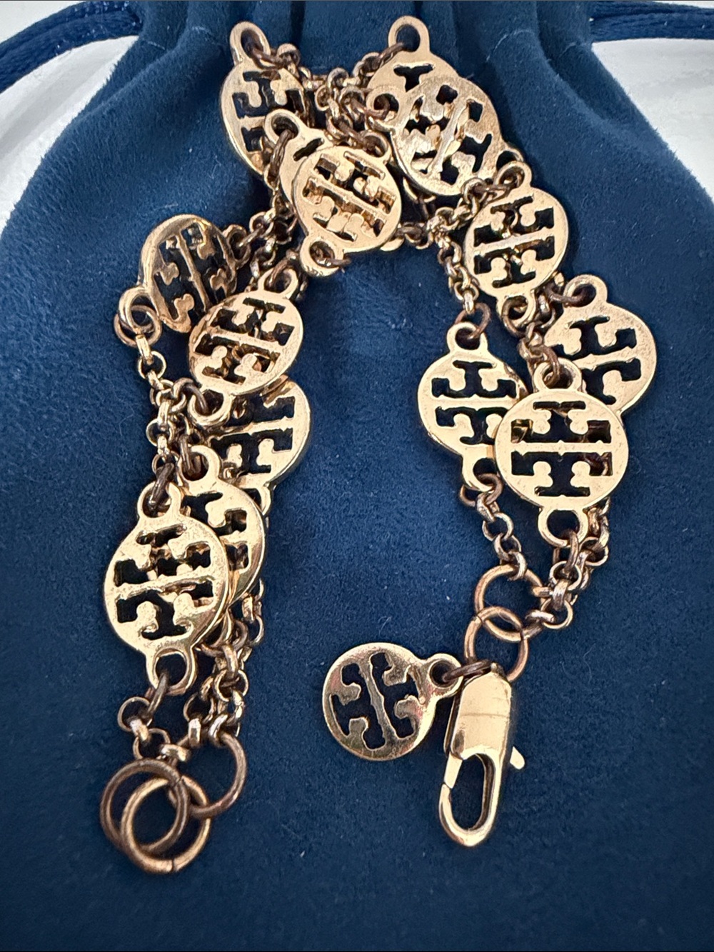 Tory Burch Yellow Gold Triple Strand Logo Medallion Chain Bracelet - Picture 4 of 4
